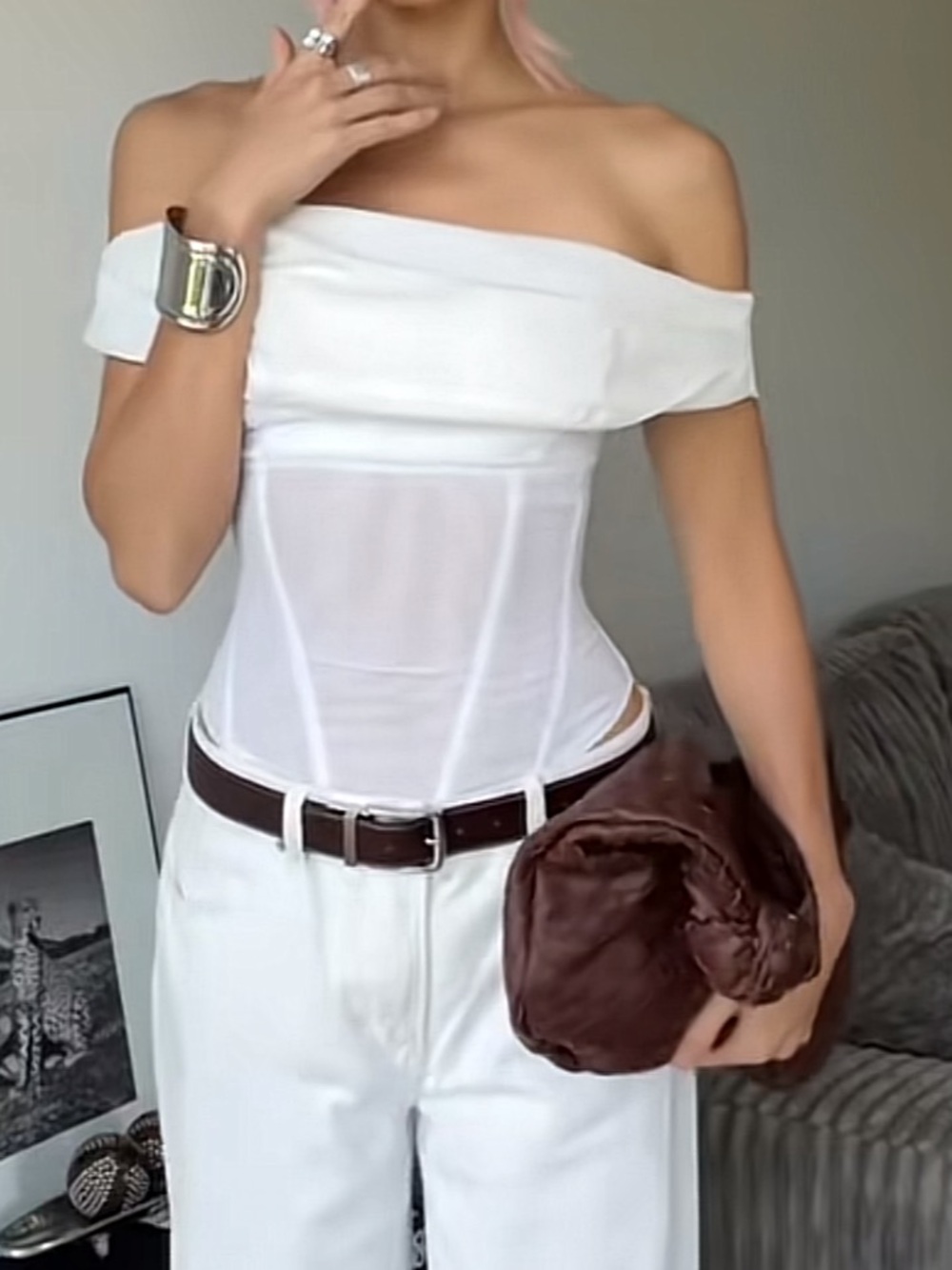 TA3 white drapey off shoulder corset top  Tie back Camisole Bustier XS eggshell